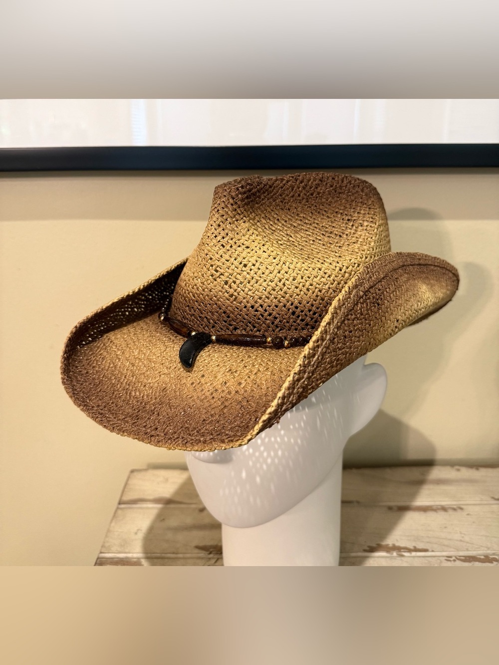 Goldcoast Sunwear Woven Paper Straw Cowboy Hat Beaded Accent Brown Ombré O/S